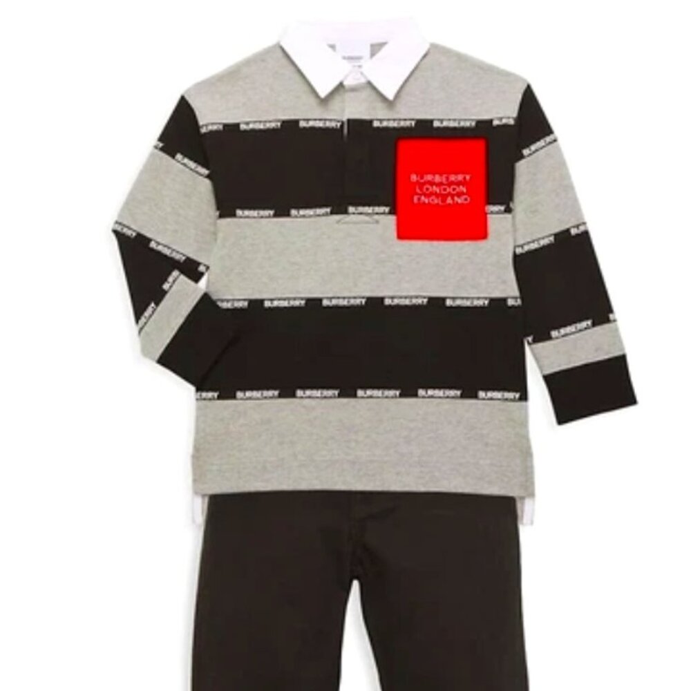 Burberry Boy Albbie Stripe Logo Pocket Long Sleeve Polo Shirt, Grey, Sz 12Y, NWT